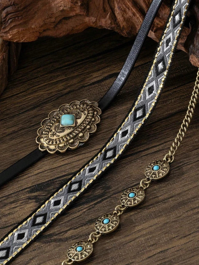 Women’s Western Layered Turquoise Choker Necklace Set — Boho Cowgirl Festival