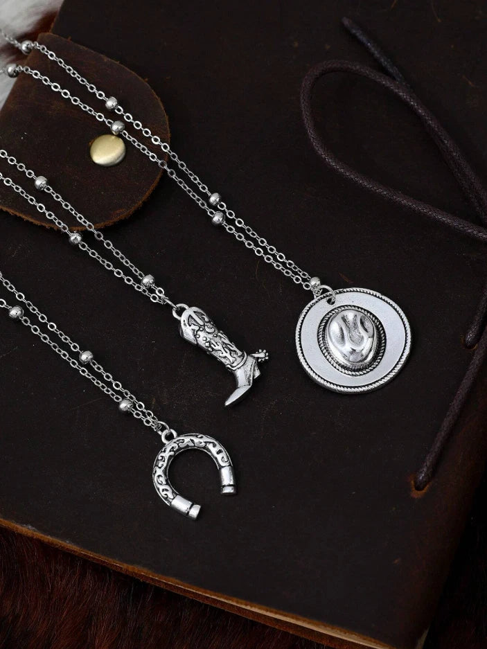 Western Layered Necklace Set – Cowgirl Boot, Horseshoe & Rodeo Hat Pendants