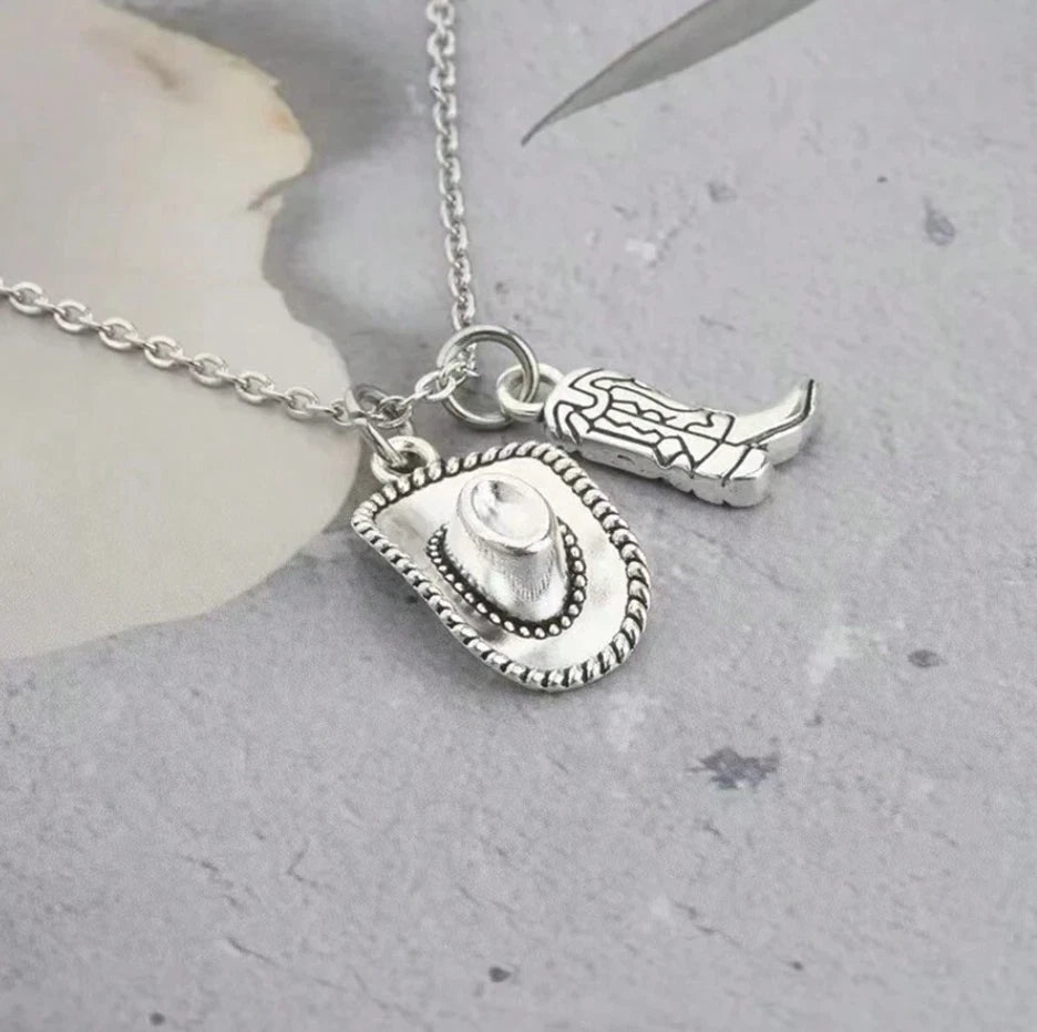Western Cowboy Hat & Boot Charm Necklace — Country Rodeo Cowgirl Silver Pendant
