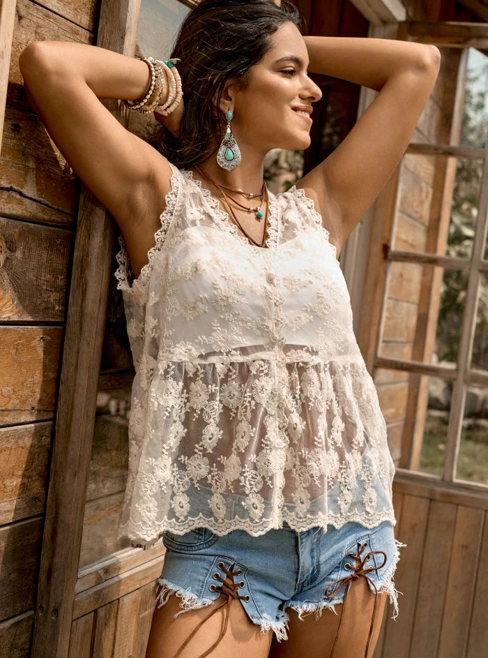Boho Western Lace Crochet Sheer Vest — Festival Cowgirl Layering Top, Vintage