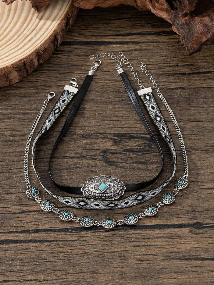 Women’s Western Layered Turquoise Choker Necklace Set — Boho Cowgirl Festival