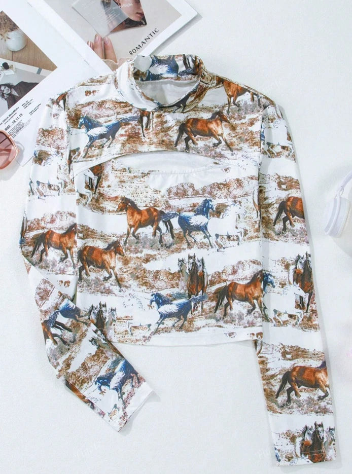 Western Wild Horse Print Cutout Long Sleeve Top | Vintage Rodeo Cowgirl Aestheti