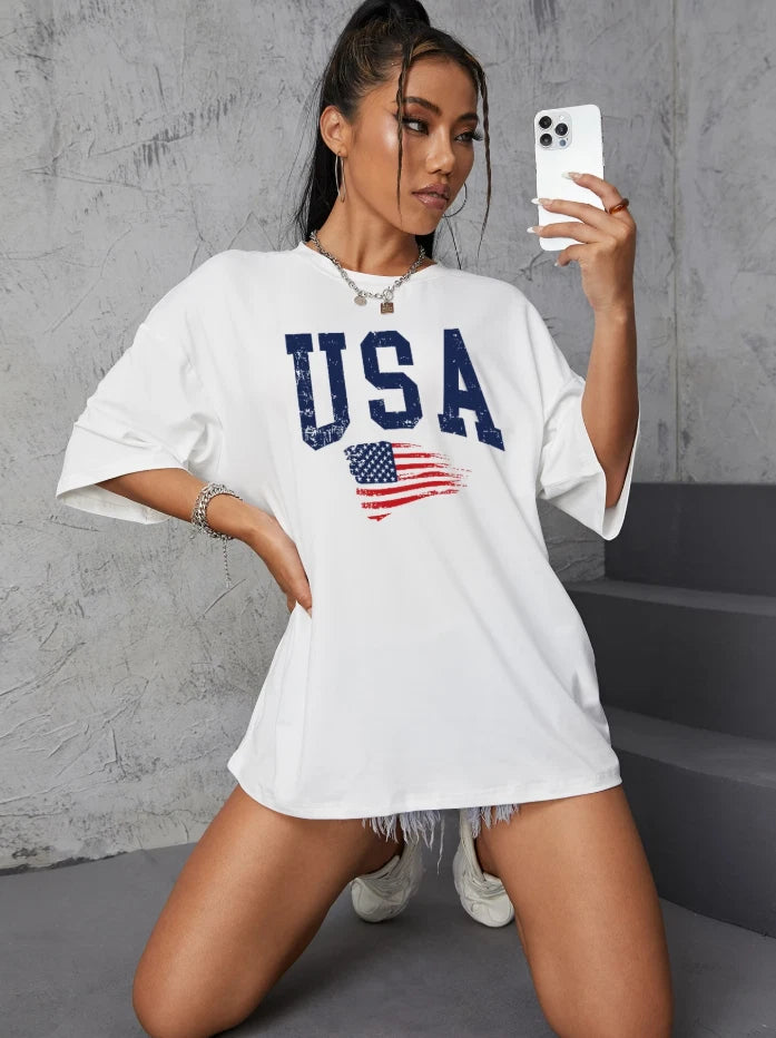 USA Graphic Oversized T-Shirt Women’s Summer Streetwear Patriotic American Flag