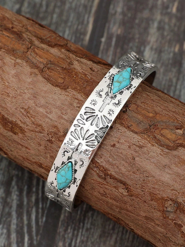 Western Turquoise Cuff Bracelet – Silver Boho Bangle, Southwest Cowgirl Jewelry