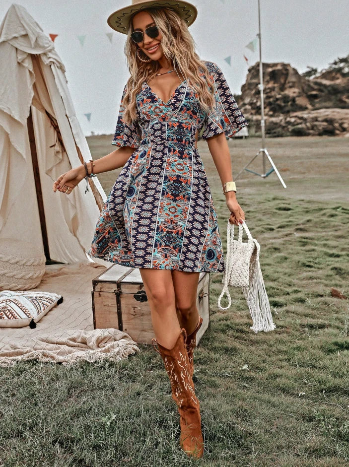 Boho Western Festival Mini Dress — Vintage Floral Print Short Sleeve V-Neck