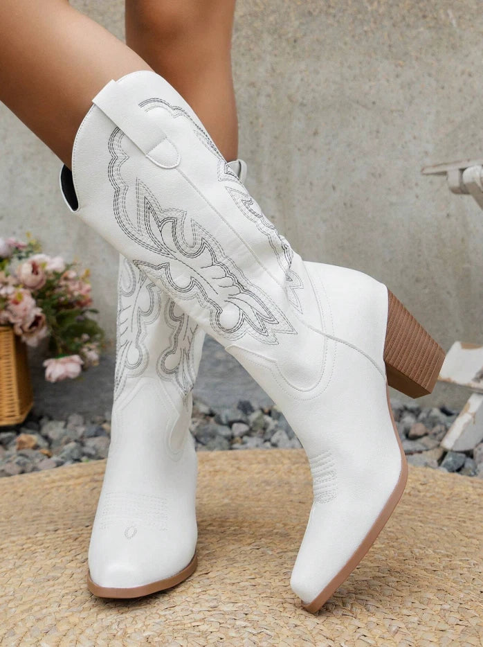 White Western Cowgirl Boots – Embroidered Mid-Calf Rodeo Boots