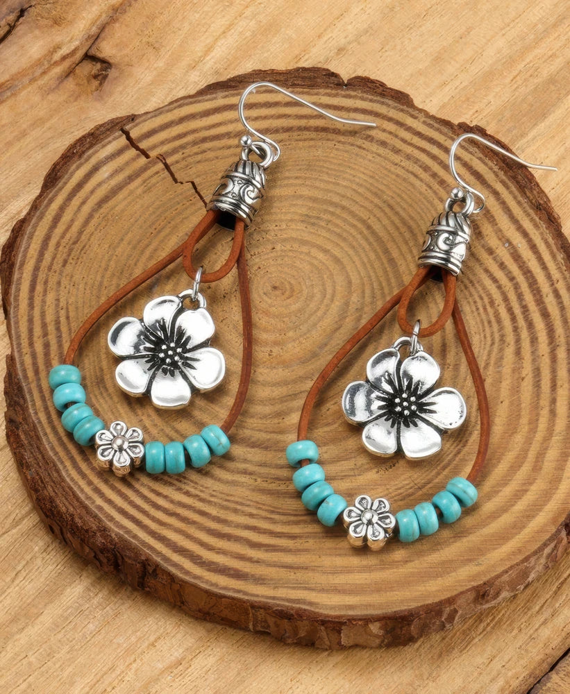 Turquoise Beaded Western Flower Earrings – Cowgirl Boho Dangle Jewelry