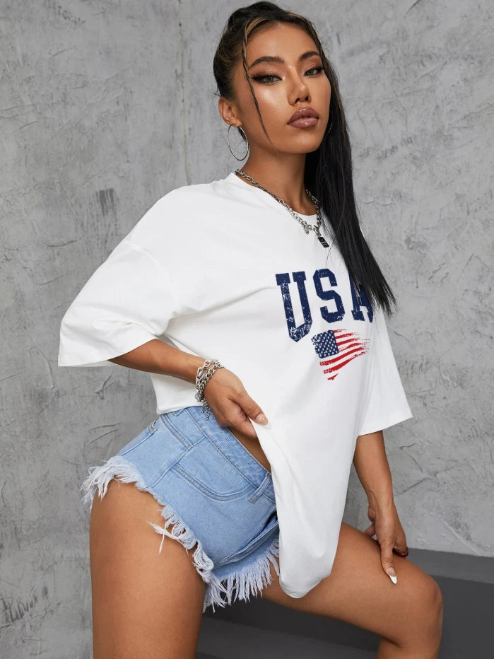 USA Graphic Oversized T-Shirt Women’s Summer Streetwear Patriotic American Flag