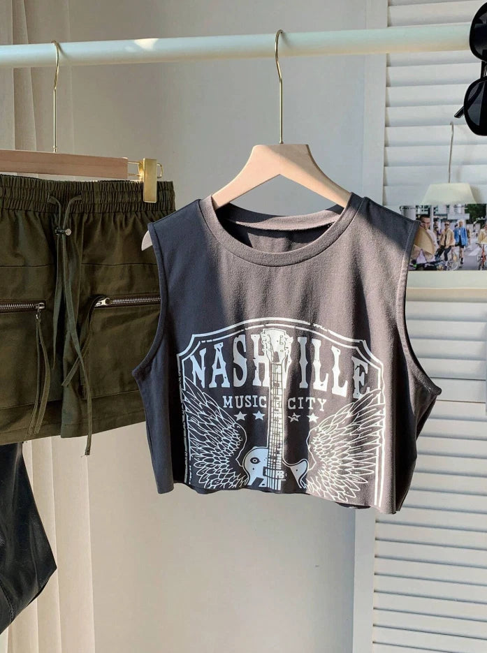 Nashville Music City Graphic Crop Tank Top — Vintage Rock Western Country