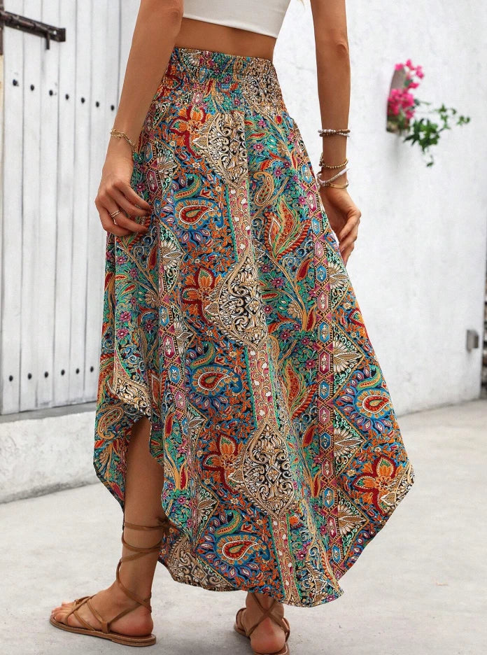 Boho Paisley Maxi Skirt | Festival Hippie Y2K Asymmetrical | Summer Vacation Fit