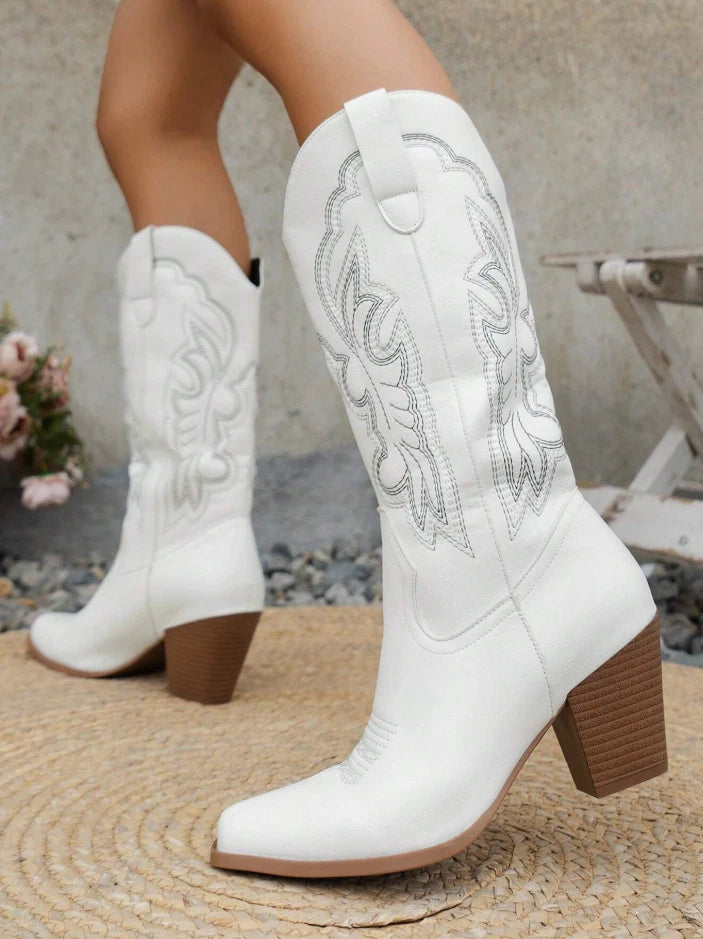 White Western Cowgirl Boots – Embroidered Mid-Calf Rodeo Boots