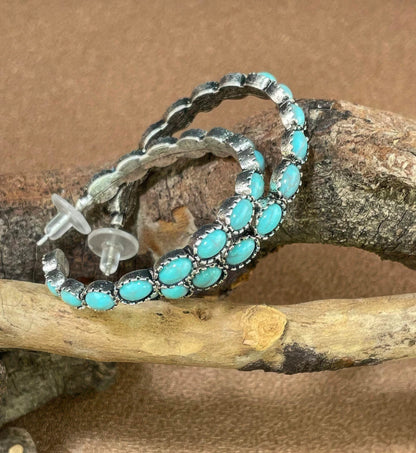 Vintage Western Turquoise Hoop Earrings – Rustic Silver Leaf Detail – Boho