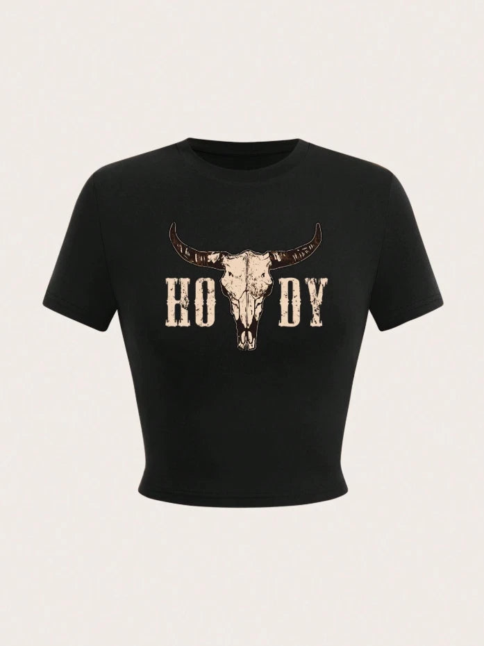 Western Cowgirl Howdy Skull Crop Top — Vintage Graphic Tee, Boho Rodeo Festival