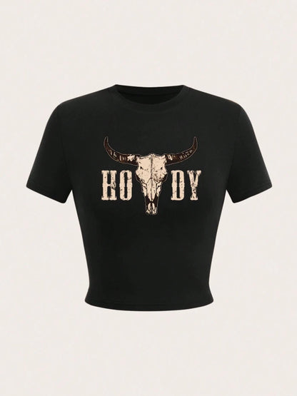 Western Cowgirl Howdy Skull Crop Top — Vintage Graphic Tee, Boho Rodeo Festival