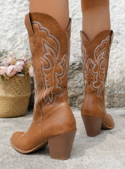 Camel Western Cowgirl Boots – Embroidered Mid-Calf Rodeo Boots | Pointed Toe