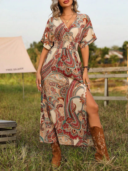 Paisley Boho Western Maxi Dress with Slit, Vintage Cowgirl Festival Dress