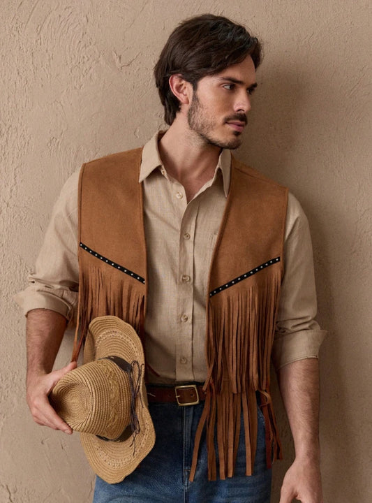 Men’s Western Suede Fringe Vest — Cowboy Rodeo Vintage Style