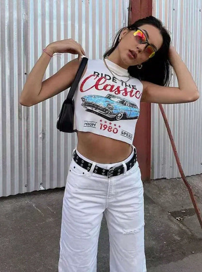 Vintage Car Graphic Crop Top — "Ride the Classic" 1980 Muscle Car Retro
