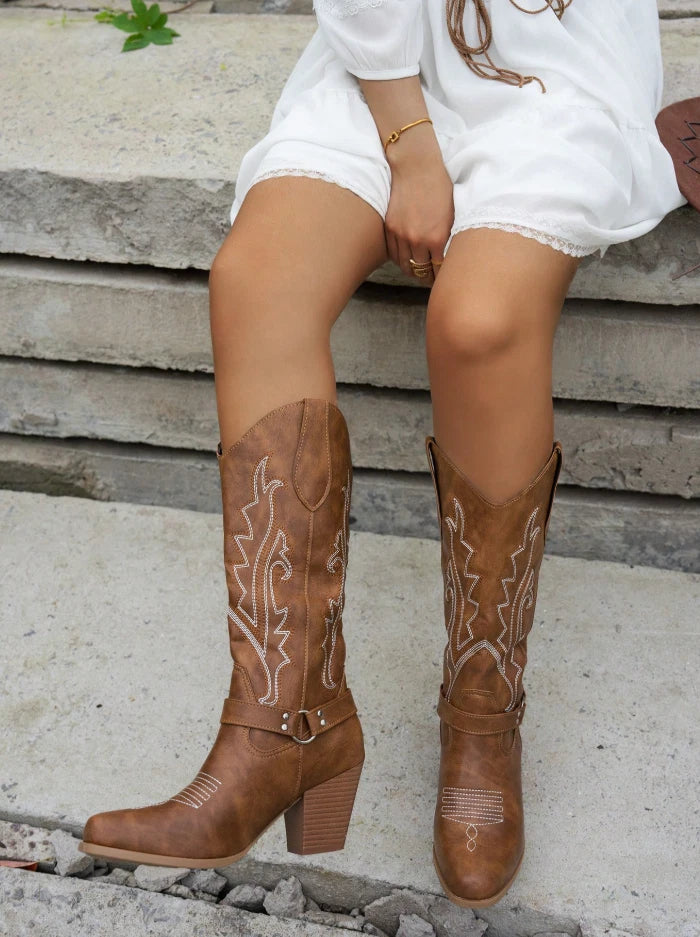 Women's Western Cowboy Boots – Brown Knee-High Boots with Embroidered Detail