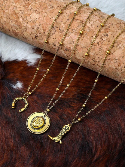 Western Layered Necklace Set – Cowgirl Boot, Horseshoe & Rodeo Hat Pendants