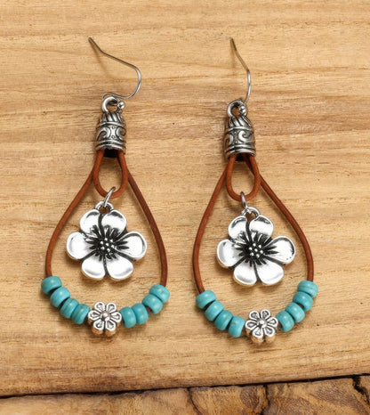 Turquoise Beaded Western Flower Earrings – Cowgirl Boho Dangle Jewelry