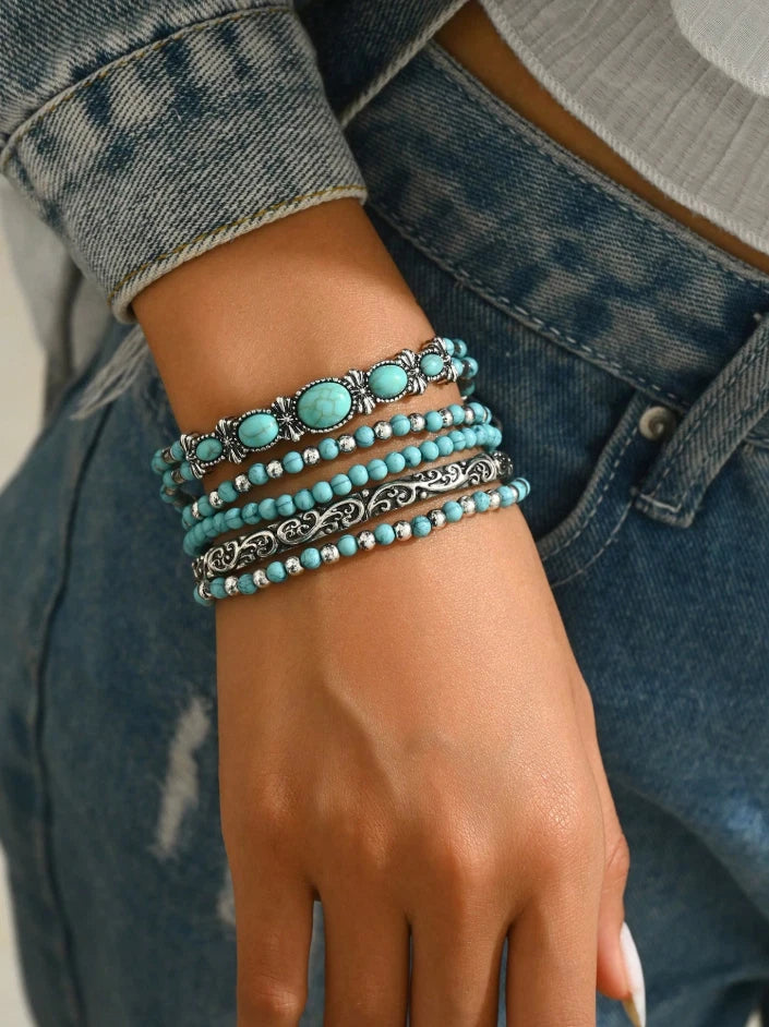 Western Boho Turquoise Beaded Bracelet Set – Cowgirl Stackable Charm Bracelets