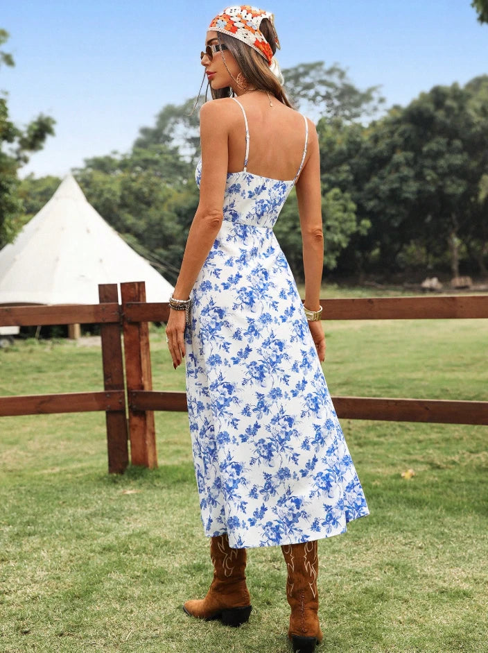 Cowgirl Floral Slit Maxi Dress – Western Rodeo Summer Sundress (Blue or Red)