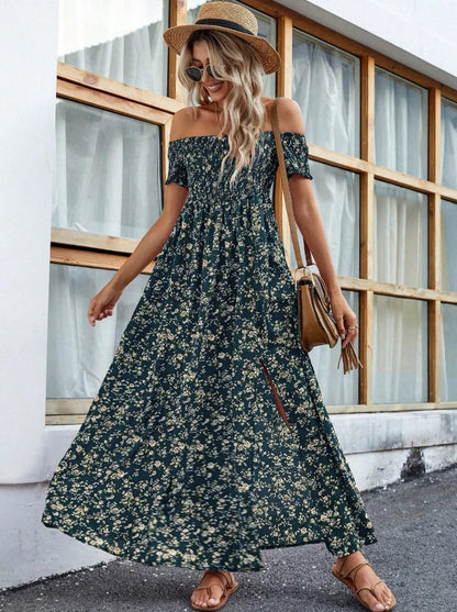 Boho Western Floral Off-Shoulder Maxi Dress — Summer Smocked Prairie Sundress