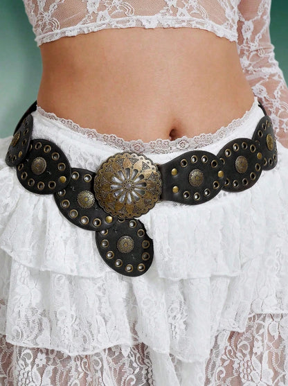 Western Concho Belt – Brown or Black Cowgirl Studded Waist Belt, Rodeo Boho