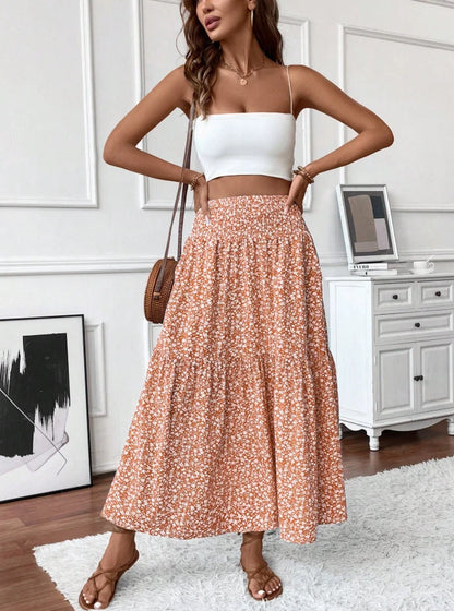 Boho Floral Tiered Maxi Skirt Women’s High Waist Smocked Ruffle Summer