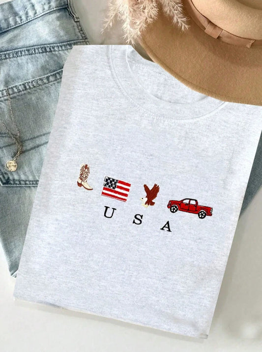 Embroidered Cowboy American Tee | Boot, Flag, Eagle & Truck | Western Rodeo USA