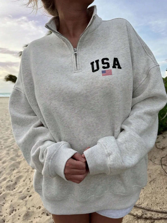 USA Flag Quarter Zip Sweatshirt — Vintage Athletic Style, Oversized Pullover