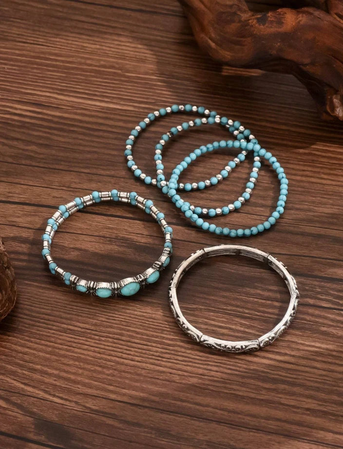 Western Boho Turquoise Beaded Bracelet Set – Cowgirl Stackable Charm Bracelets