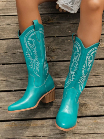 Turquoise Western Cowgirl Boots – Embroidered Mid-Calf Rodeo Boots | Pointed Toe
