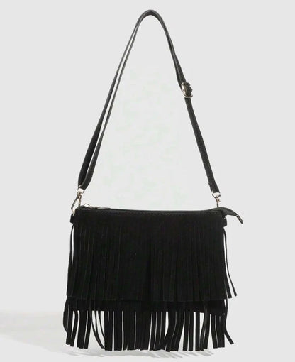 Western Fringe Suede Crossbody Bag – Boho Western Festival Purse, Brown or Black