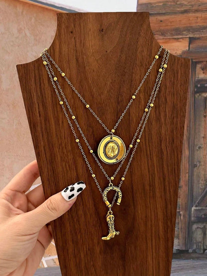 Western Layered Necklace Set – Cowgirl Boot, Horseshoe & Rodeo Hat Pendants