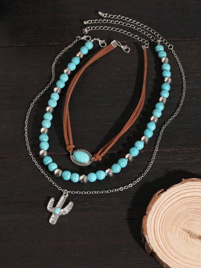 Western Turquoise Layered Necklace Set – Bull Skull & Cactus Pendant