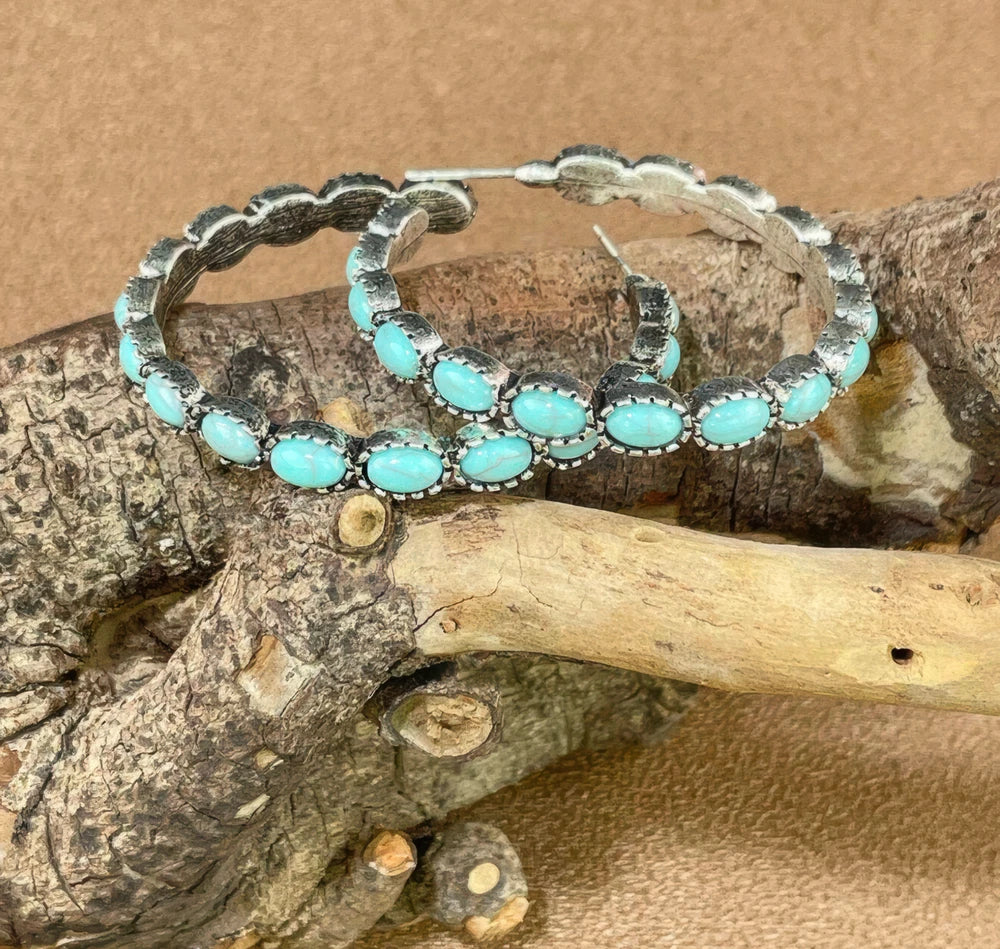 Vintage Western Turquoise Hoop Earrings – Rustic Silver Leaf Detail – Boho