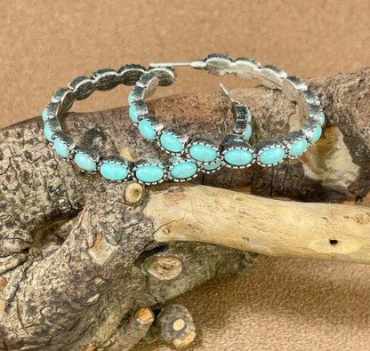 Vintage Western Turquoise Hoop Earrings – Rustic Silver Leaf Detail – Boho