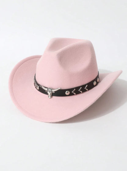 Western Cowboy Hat with Bull Head Band – Rodeo Felt Hat for Men & Women
