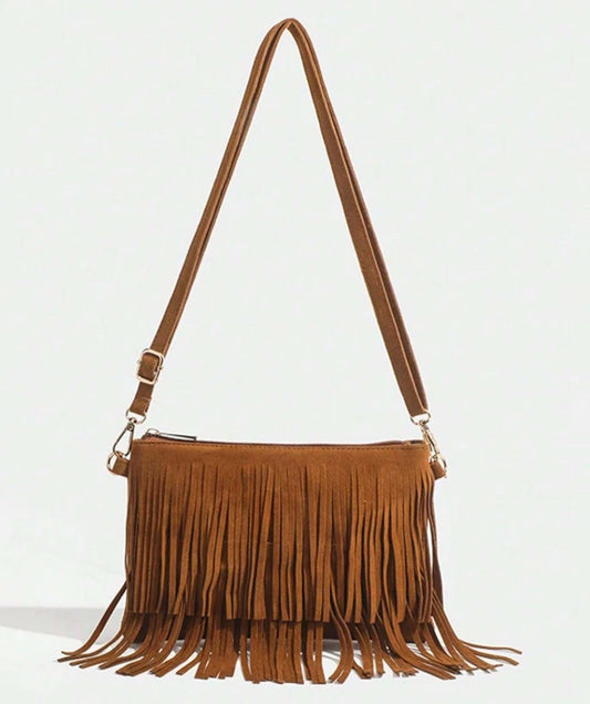 Western Fringe Suede Crossbody Bag – Boho Western Festival Purse, Brown or Black