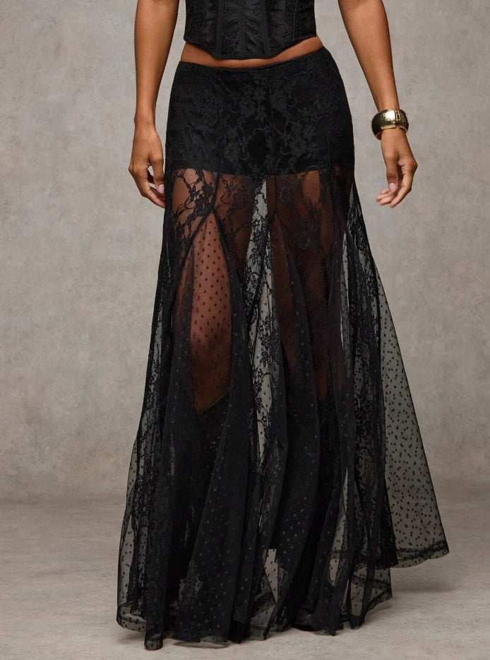 Western Boho Sheer Lace Maxi Skirt — Festival Cowgirl See-Through Layered Mesh