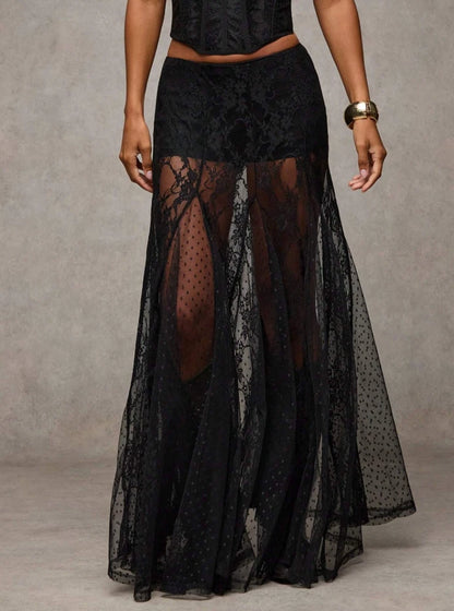 Western Boho Sheer Lace Maxi Skirt — Festival Cowgirl See-Through Layered Mesh