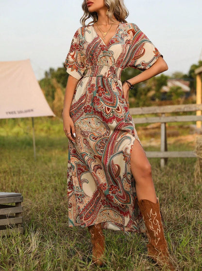 Paisley Boho Western Maxi Dress with Slit, Vintage Cowgirl Festival Dress