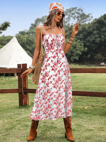 Cowgirl Floral Slit Maxi Dress – Western Rodeo Summer Sundress (Blue or Red)