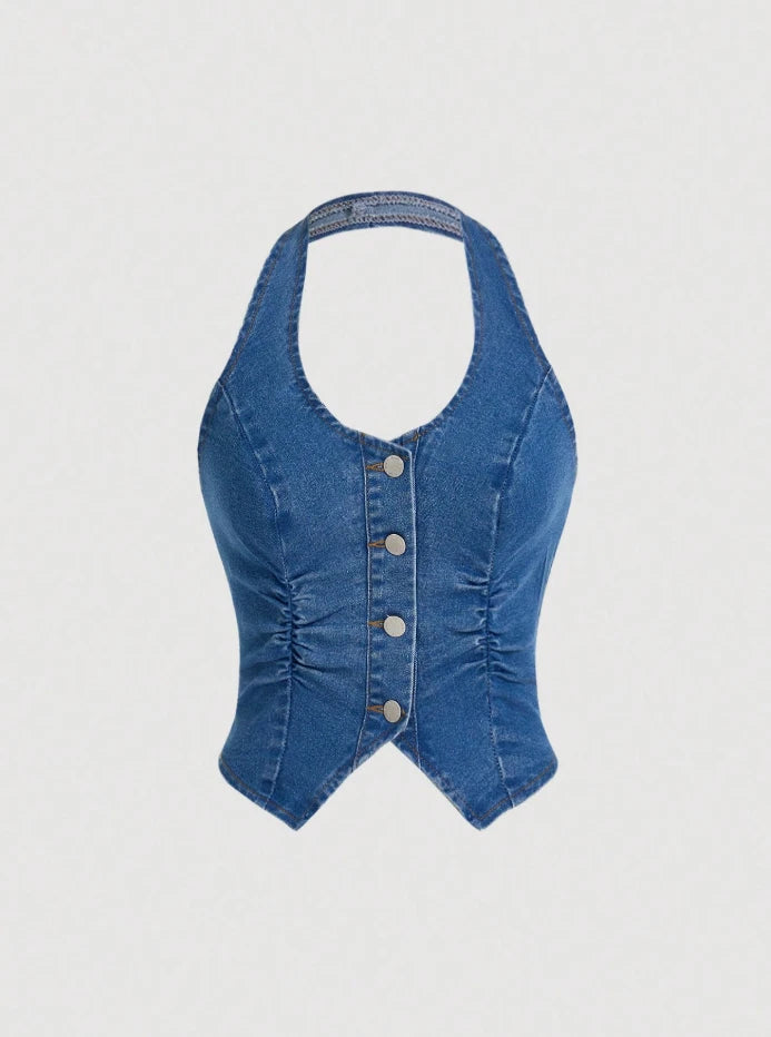 Denim Cowgirl Halter Corset Top – Western Y2K Button Front Festival Vest, Rodeo