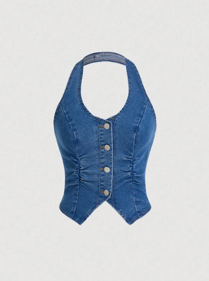 Denim Cowgirl Halter Corset Top – Western Y2K Button Front Festival Vest, Rodeo