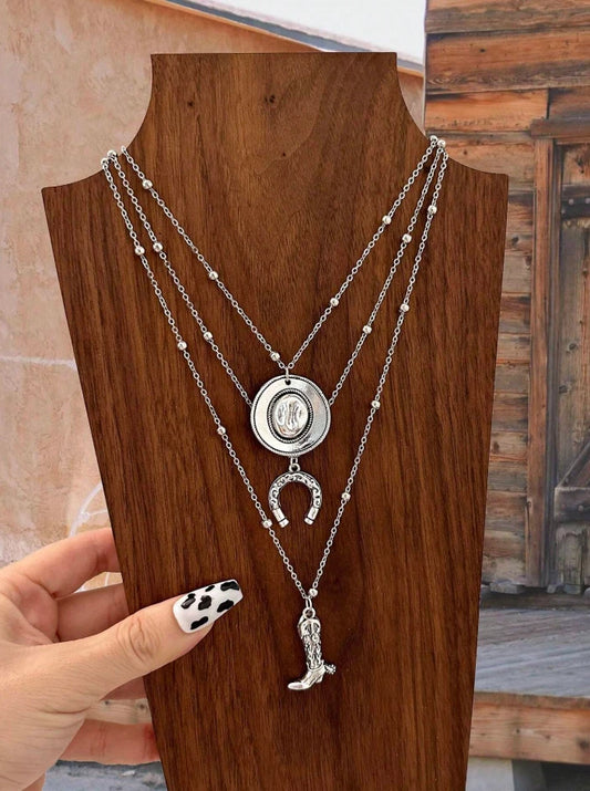 Western Layered Necklace Set – Cowgirl Boot, Horseshoe & Rodeo Hat Pendants