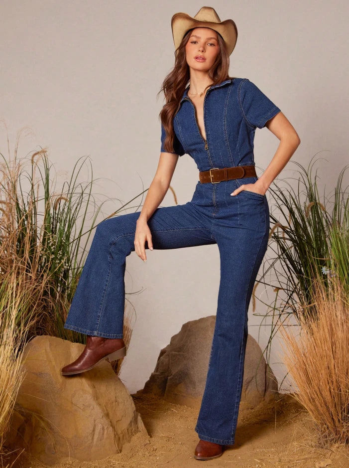Women’s Western Denim Flare Jumpsuit — Retro Cowboy Rodeo Style | Festival