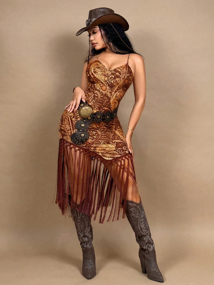 Western Fringe Paisley Bodycon Dress – Cowgirl Rodeo Outfit, Brown Boho